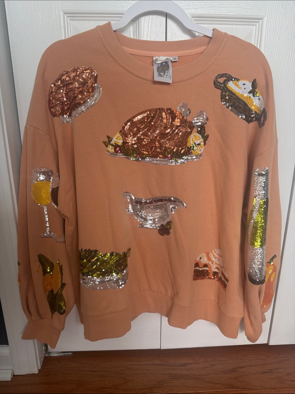 QUEEN OF SPARKLES Peach Sequin Holiday Feast Sweatshirt - Picture 6 of 7